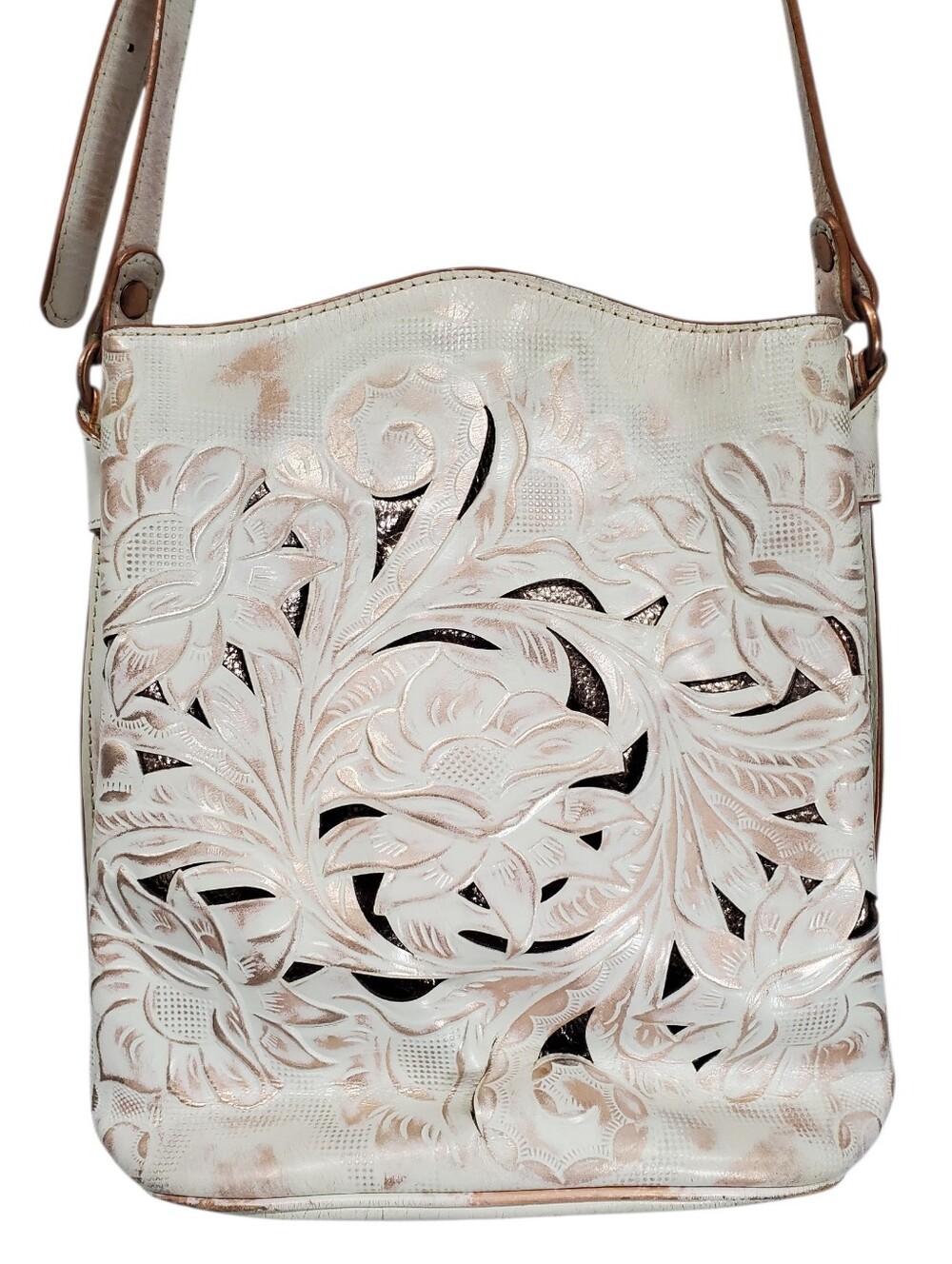 Patricia Nash Cavo Tooled Leather Rose Gold Ivory Tote Boho Floral Purse Cowgirl